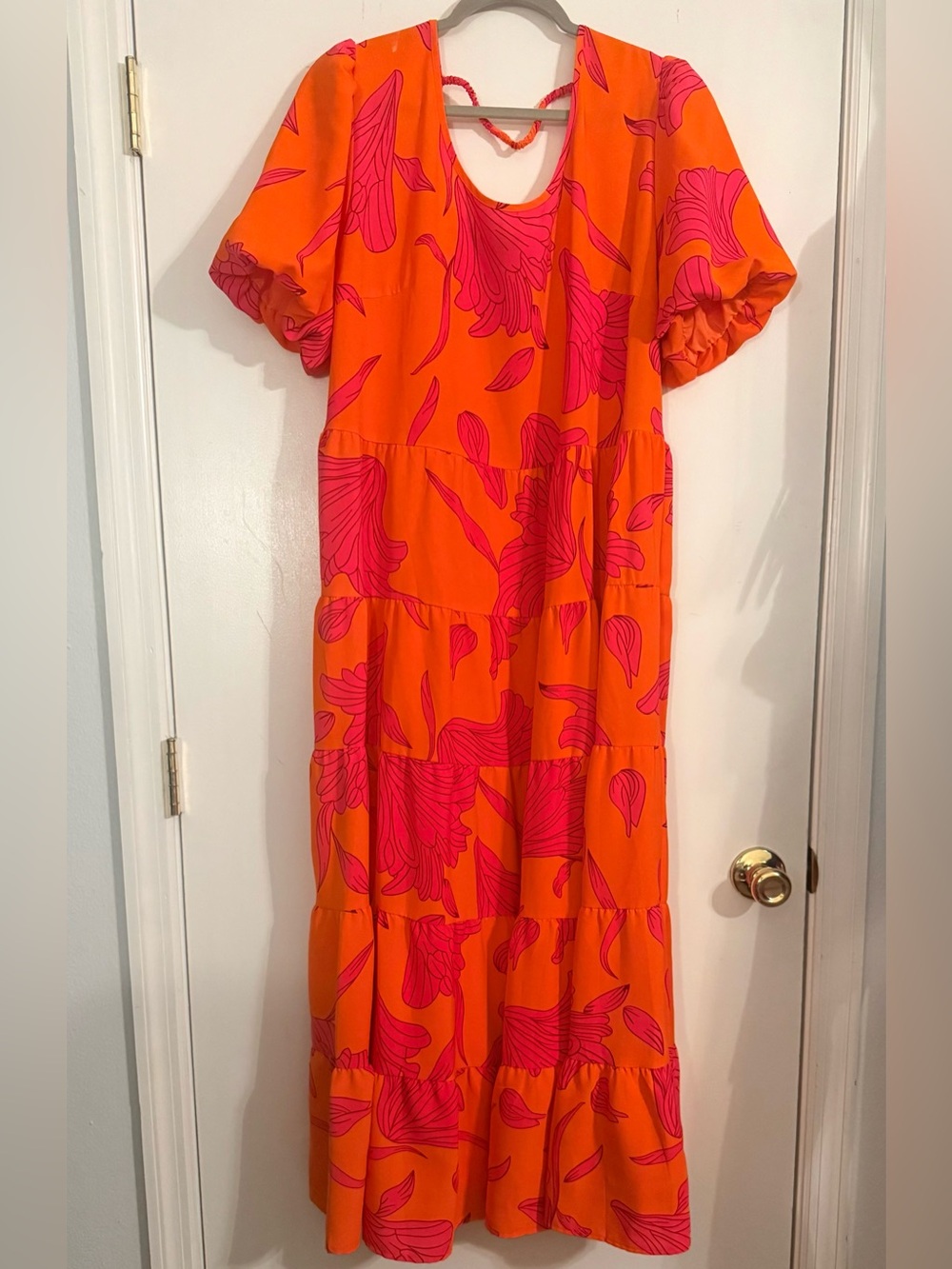 Fashion Women's XL Orange & Pink Floral Tiered Dress | Puff Sleeve Vacation